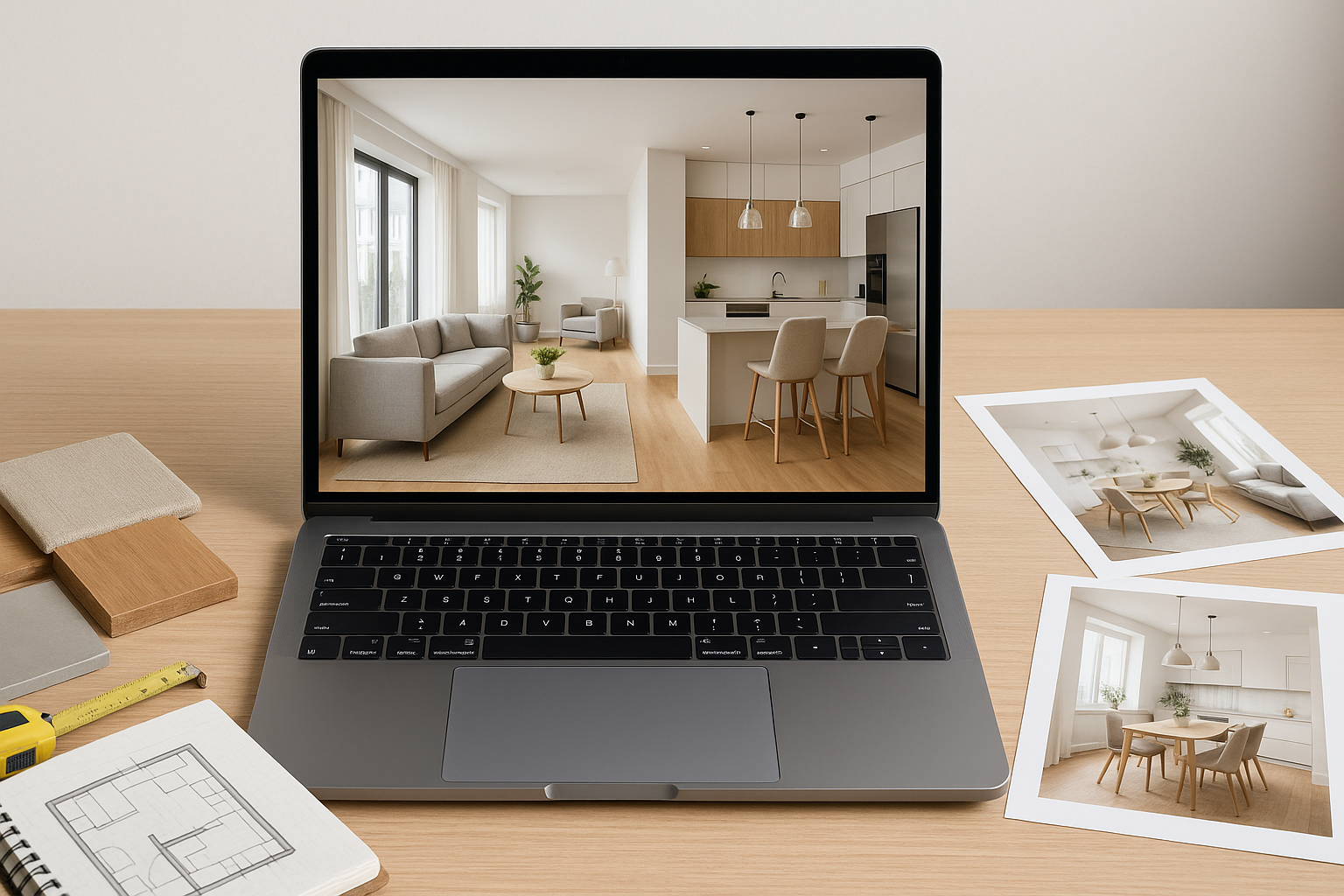 Laptop z projektem wnętrza oraz materiały do zdalnej współpracy przy projektowaniu wnętrz online